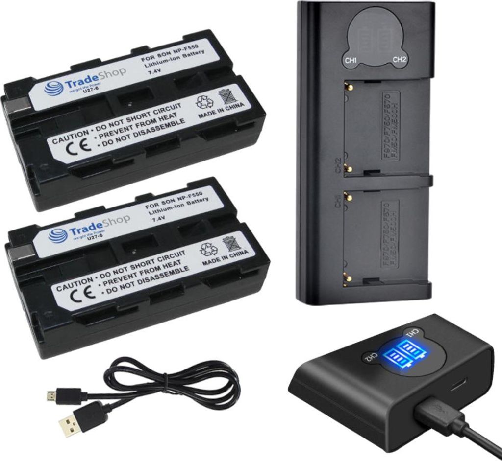 Trade-Shop 3in1 Set: 2x Akku 2400mAh + USB-C Dual LCD Schnell-Ladegerät passend für Sony NP-530 NP-730 NP-930 NP-F330 NP-F730 NP-F930 NP-F550 NP-...