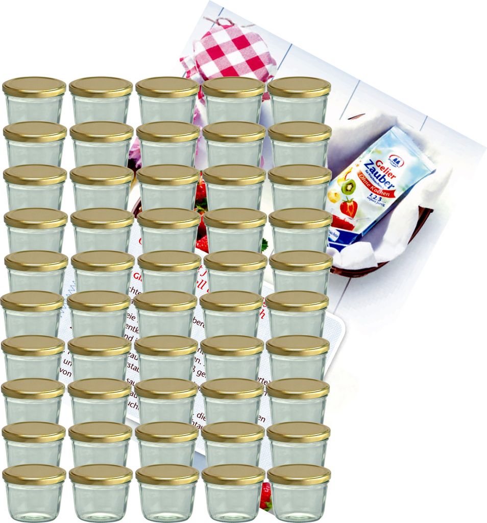 A large group of small glass jars with gold lids, arranged in rows, with a packet of jelly powder and a checkered cloth in the background.