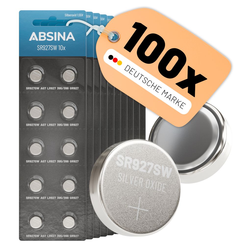 ABSINA SR 927 SW Uhren Knopfzelle 1,55V Silberoxid 10x 10er Pack - Uhrenbatterie 395 / 399 / AG7 / LR927
