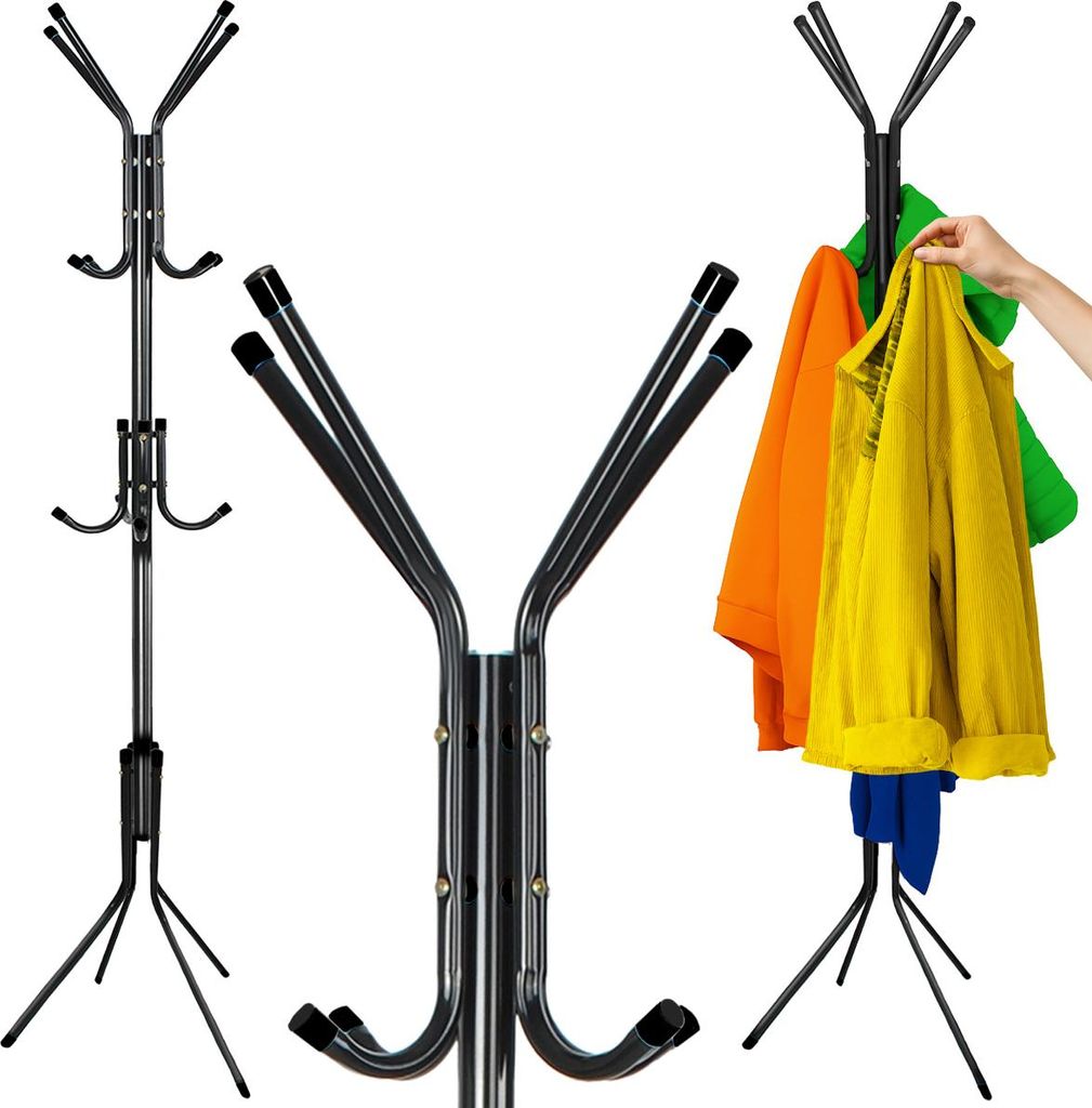 A collage of images showing a black metal coat rack from different angles, with one image showing clothes being hung on it.