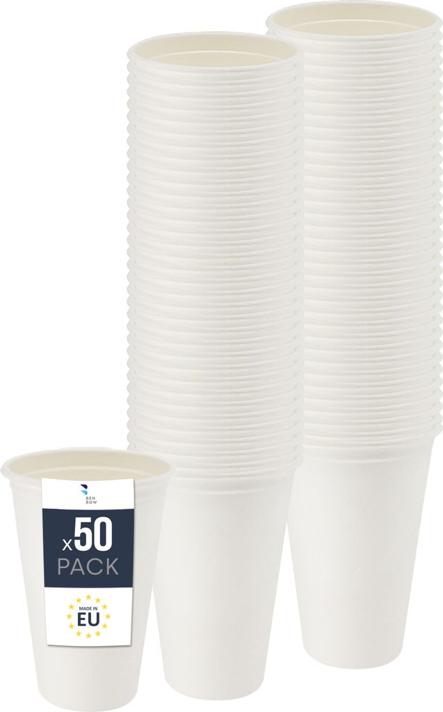 BenBow Einwegbecher aus Zuckerrohr, Weiß, 400 ml x 50 – Besser als Pappbecher, Umweltfreundlich, Ideal für Partys oder Kaffee