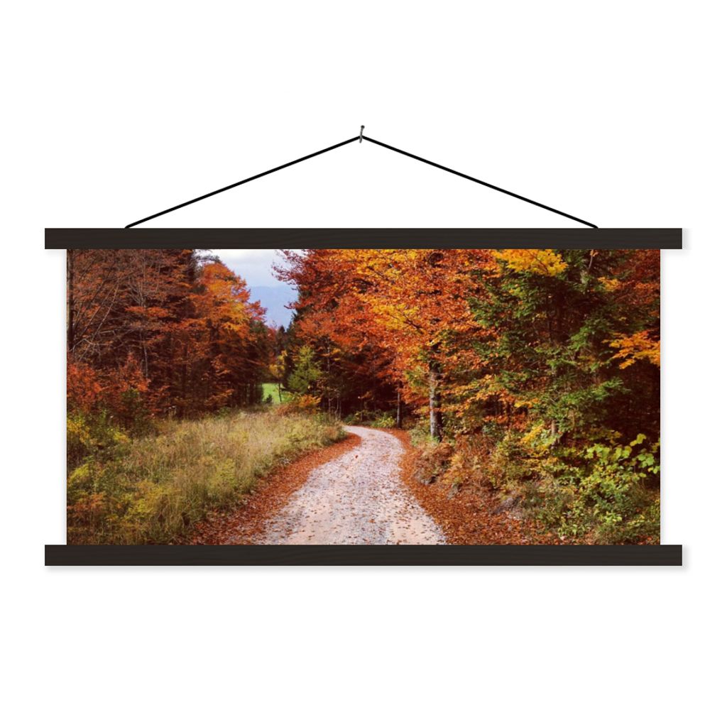MuchoWow Textilposter Herbst - Herbstblätter - Weg - Wald 150x75 cm mit schwarzem Rahmen - Posterleiste
