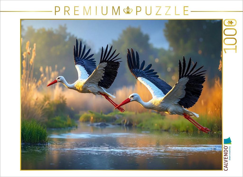 CALVENDO Puzzle Zwei Störche ziehen elegant ihre Kreise über dem glitzernden See | 1000 Teile Lege-Größe 64x48cm Foto-Puzzle für glückliche S...