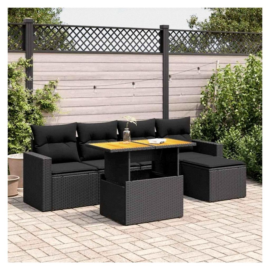 Gartenmöbel Set mit Stauraum - Gartenlounge für Balkon und Terrasse, wetterfest mit Kissen, Poly Rattan Schwarz - 6-teilig