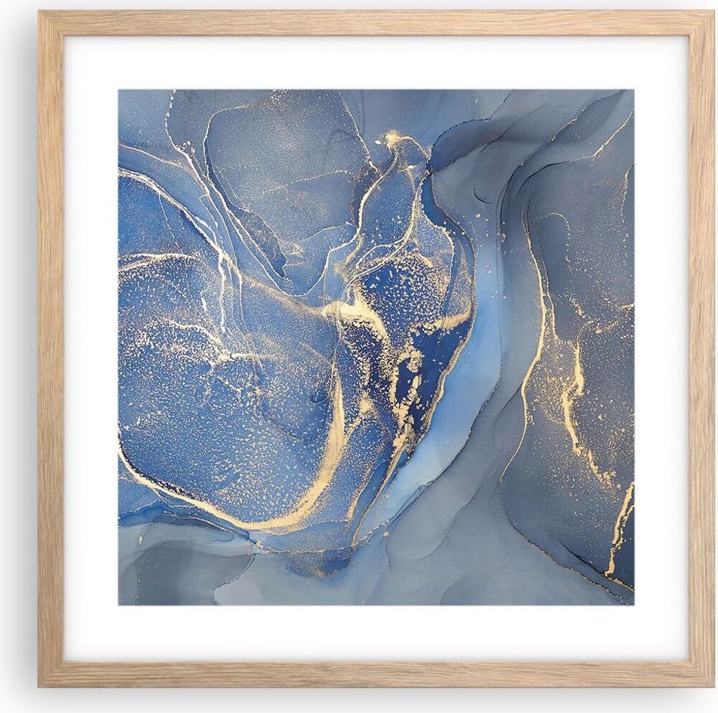 Gerahmtes Poster - Rahmen in heller Eiche - Gold Blau Farbe - 40x40 cm - Wand Bild - Wanddeko - Wandbilder - Kunstposter - Wandposter - Bilderrahme...