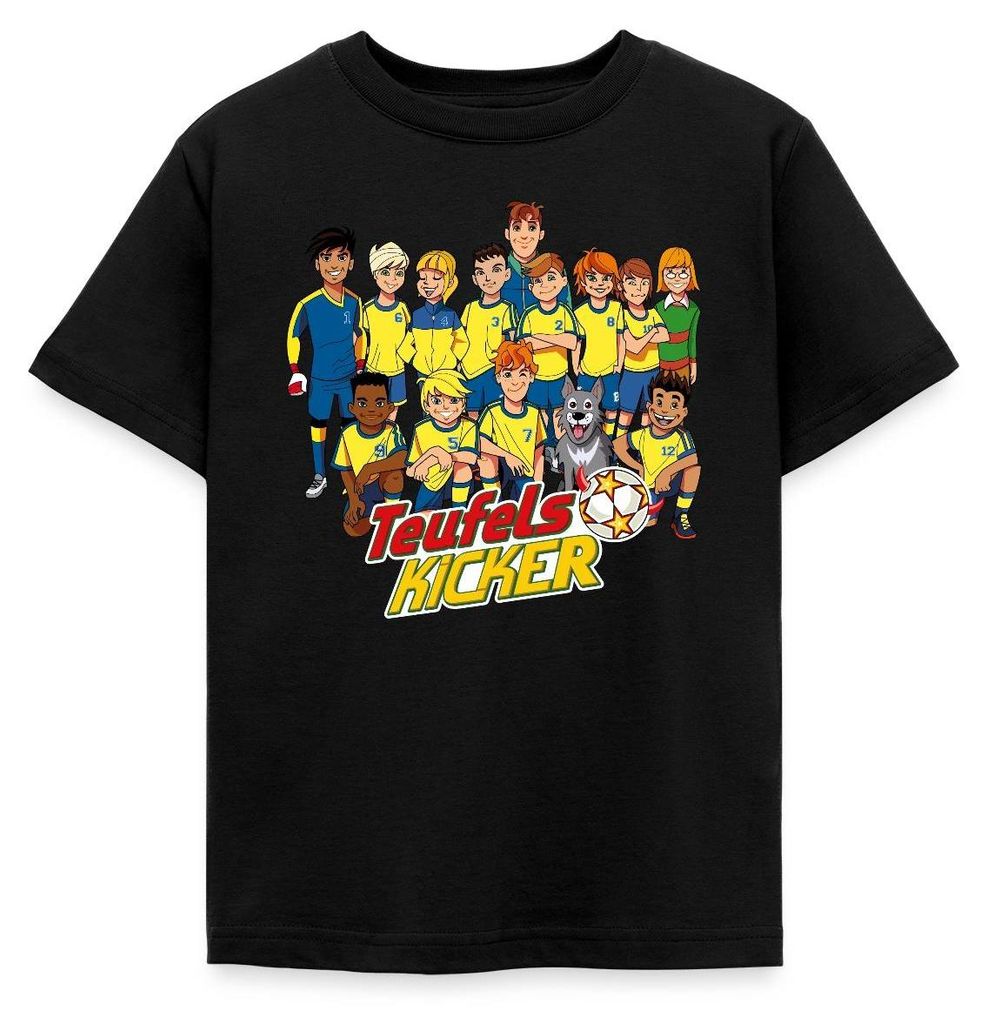 Spreadshirt Teufelskicker Fußballmannschaft Kinder T-Shirt, 98/104 (3-4 Jahre), Schwarz