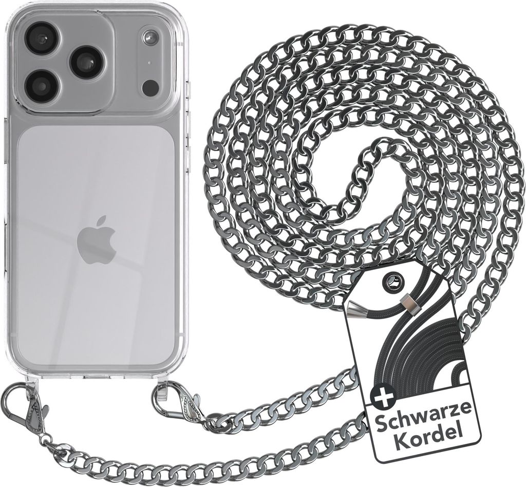 EAZY CASE Metall Handykette für Apple iPhone 17 Pro, Handyhülle mit Umhängeband, Silikonhülle, Metallkette für Smartphone in Silber