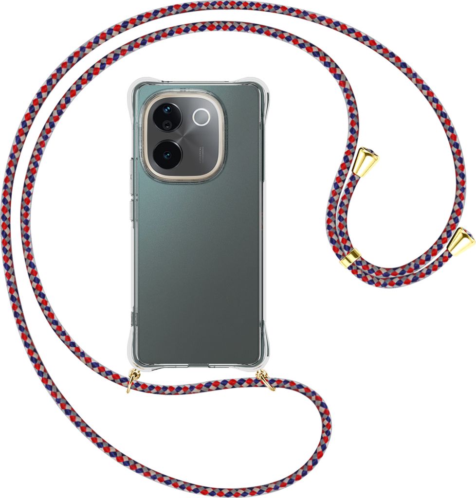 Handykette Backcover-Schutzhülle mit Band (Metall goldfarben) für Vivo iQOO Z9s Pro / T3 Pro 5G - silber/blau/rot