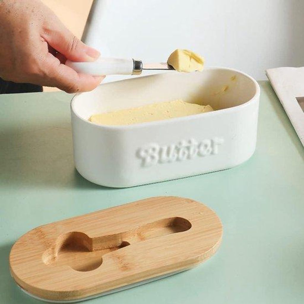 Porzellan-Butterdose 650ML mit Holzdeckel und Messer, weiß, silikonfrei