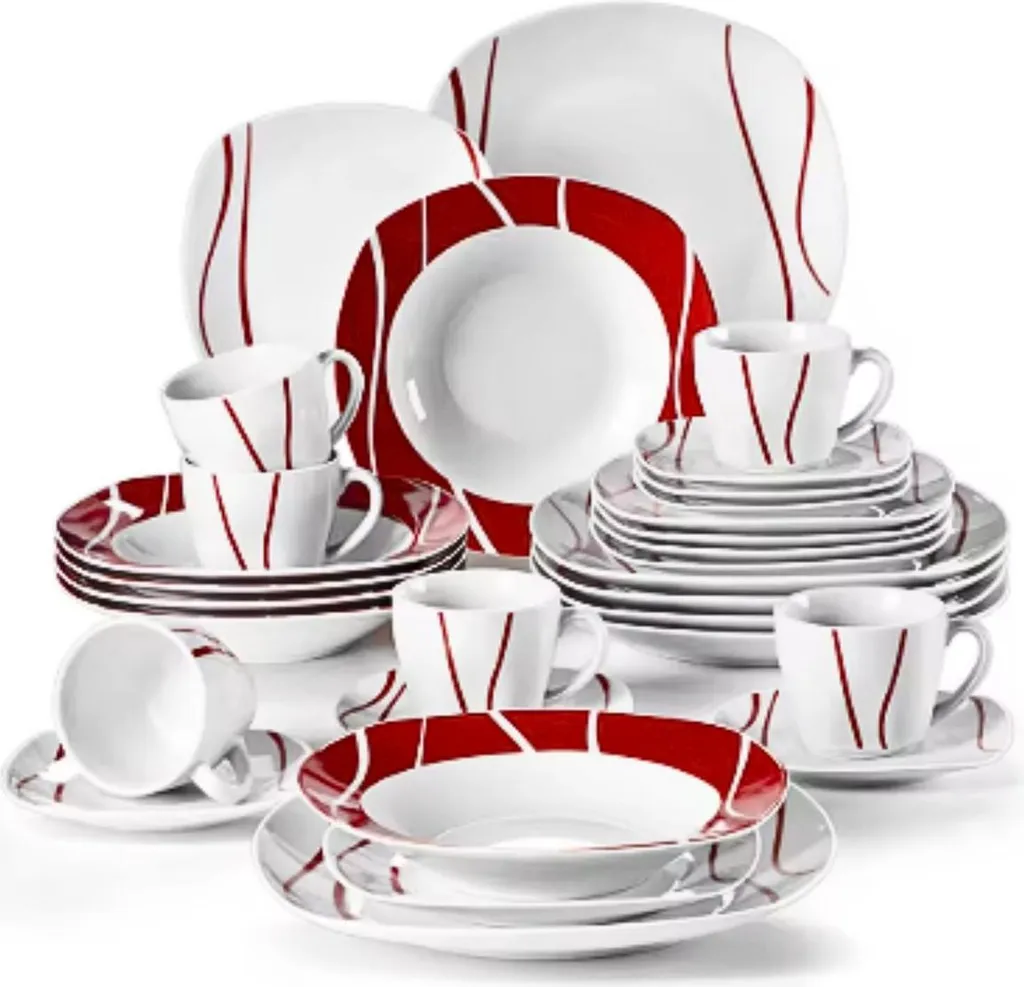 Servizio Piatti Eleganti 30 Pezzi Ceramica Rossa Bianca per Ricorrenze