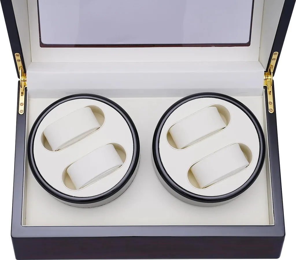 Avvolgitore per orologi Avvolgitore per orologi - Scatola per conservare ed esporre - Rotazione automatica - Quattro orologi - Legno - Alta lucentezza - Rettangolare - Marrone