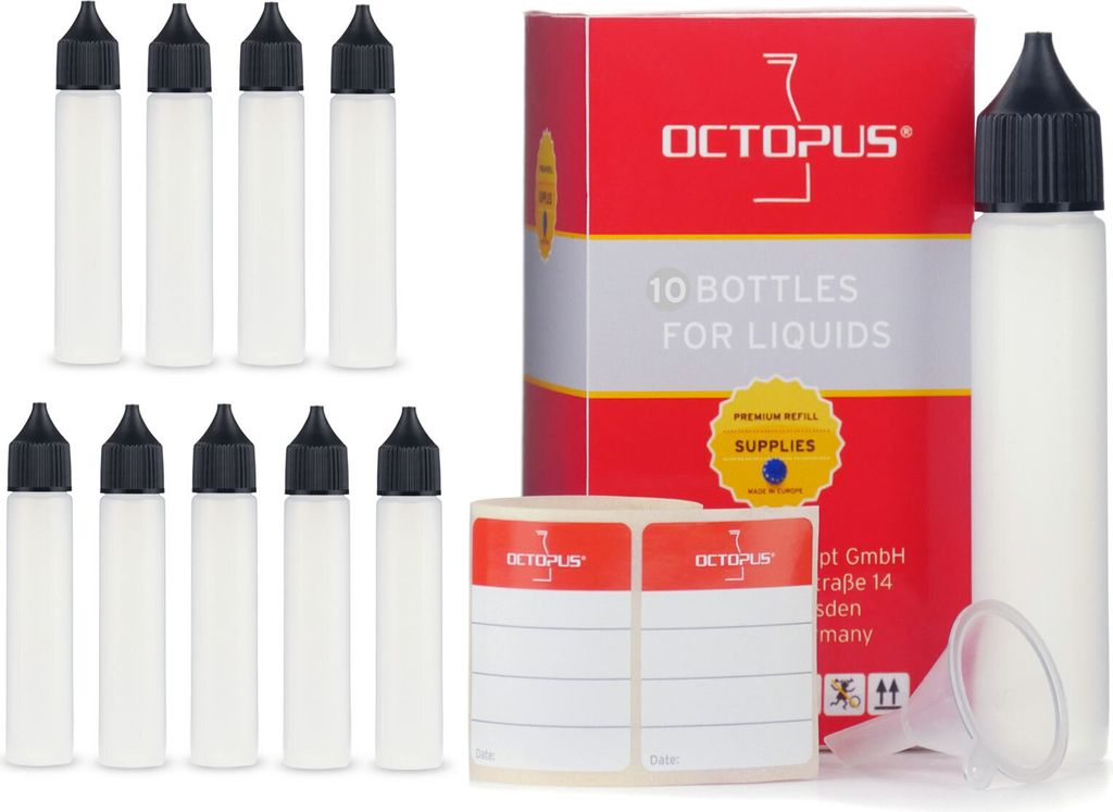 10 Plastikflaschen 30 ml länglich aus LDPE, G18, Tropfeinsatz, Deckel schwarz, 1 Mini-Trichter
