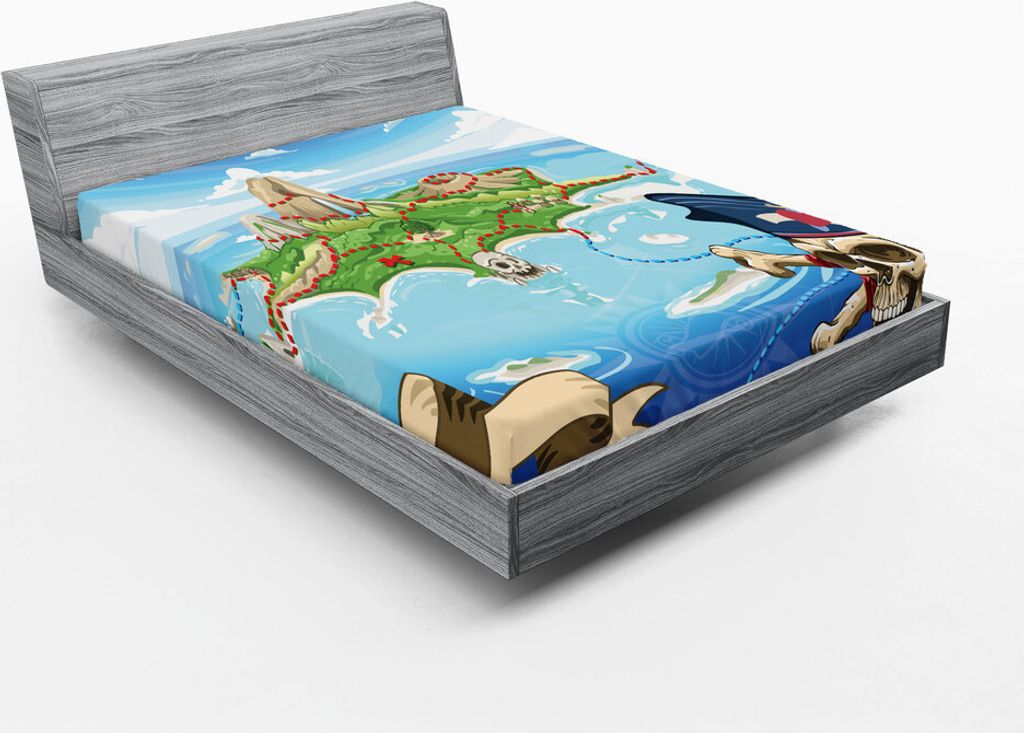 ABAKUHAUS Insel-Karte Spannbetttuch, Luftaufnahme Fantasie Piraten Bucht Insel Gekreuzten Knochen Kapitän Skull Figur, 150 x 190 cm, Mehrfarbig