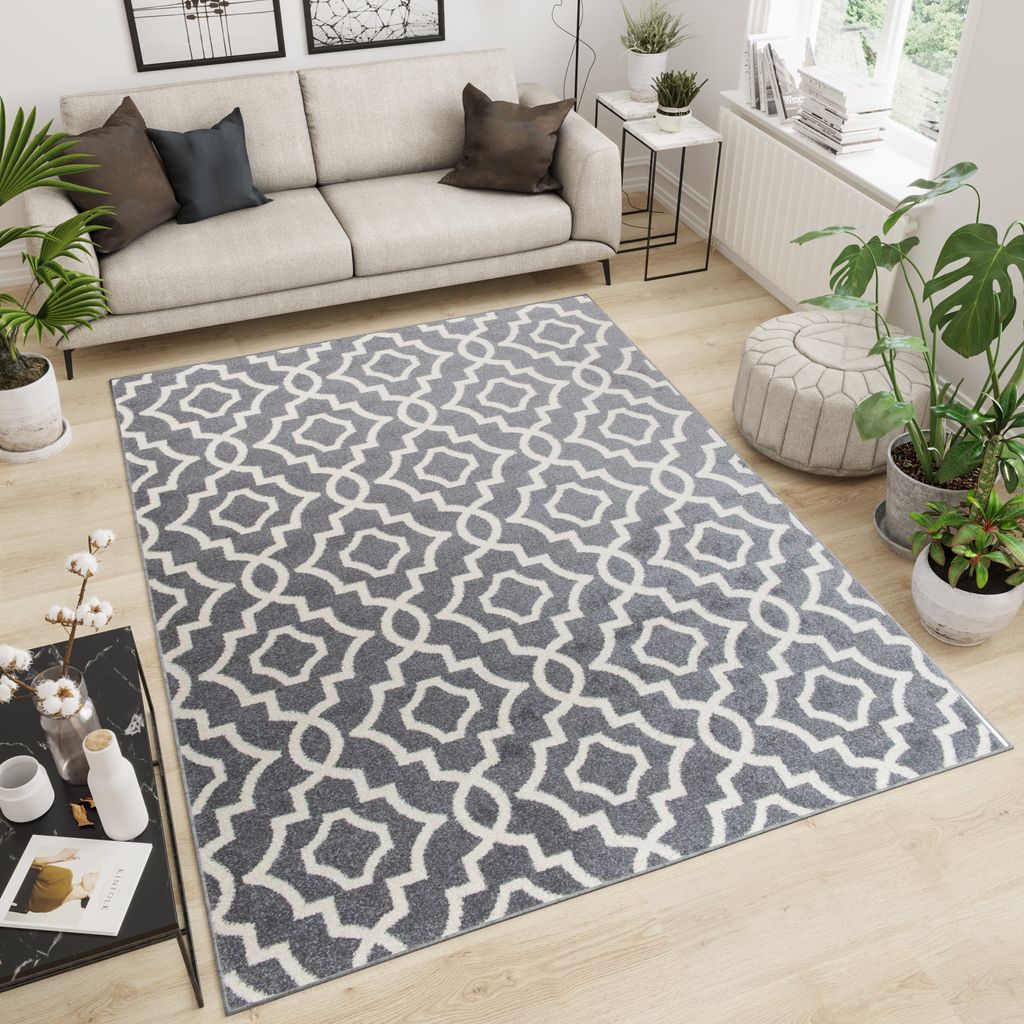 Teppich Wohnzimmer Schlafzimmer Kurzflor Modern Design Meliert Marokkanisch Geometrisch Gitter Grau Creme Küche 140 x 190 cm