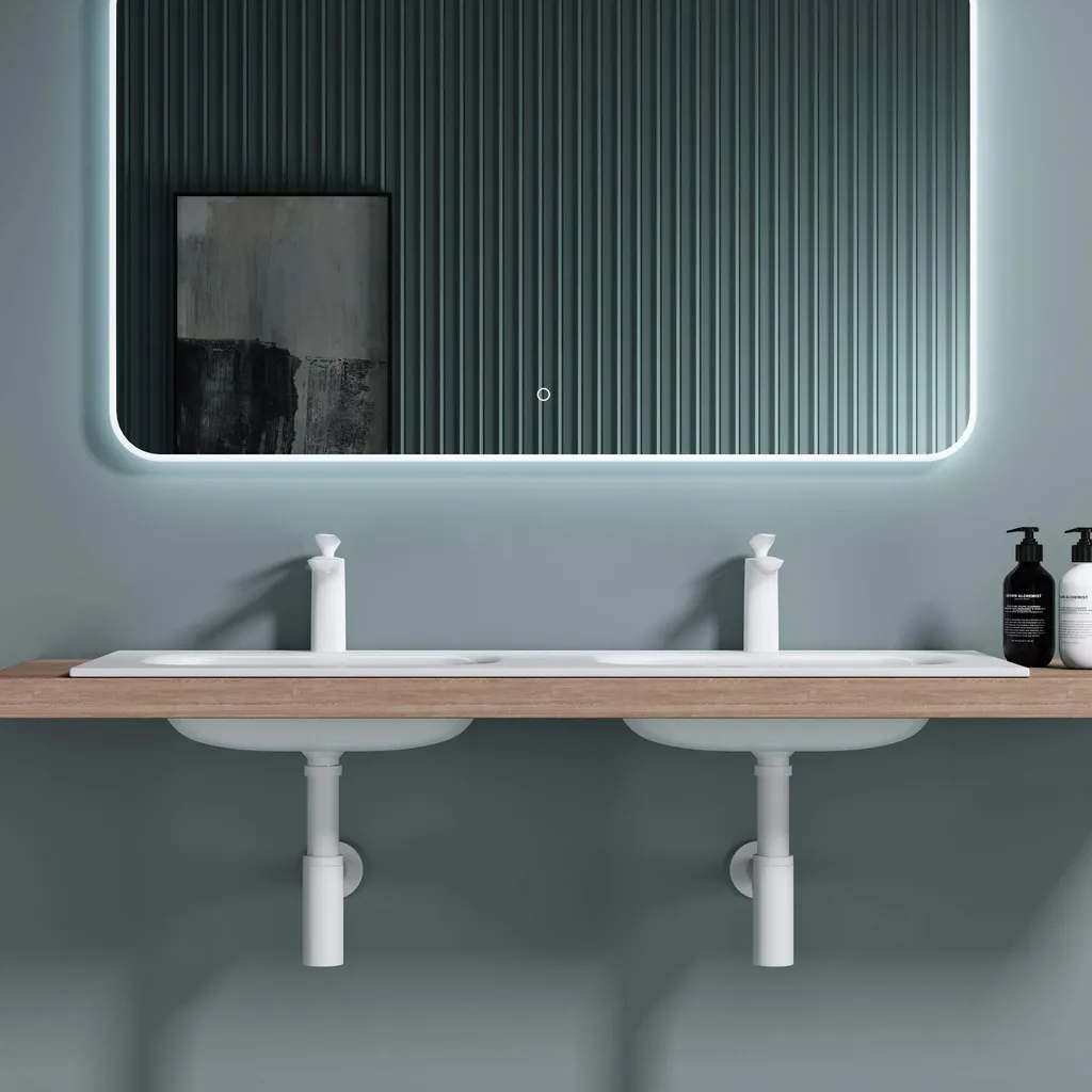 Lavabo Double Format 144cm Blanc Rectangulaire Idéal Salle de Bain XXL
