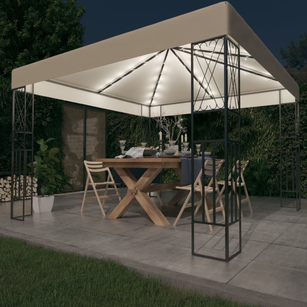 The Living Store Pavillon mit LED-Lichterkette 3x3 m Creme Stoff