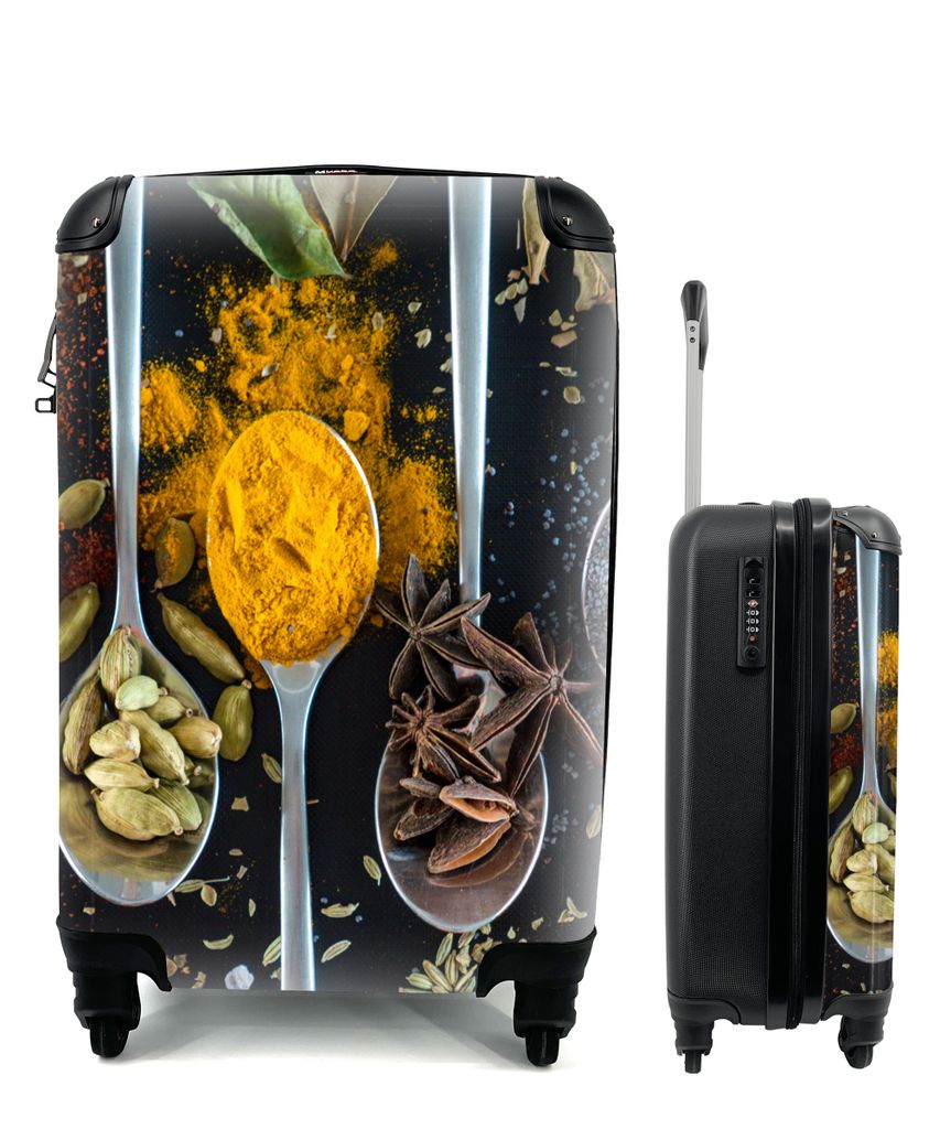 MuchoWow Koffer Handgepäck Trolley Rollkoffer Kleine Reisekoffer mit 4 Rollen - Löffel - Gewürze - Kräuter - Lebensmittel - Tisch - Cabin Siz...
