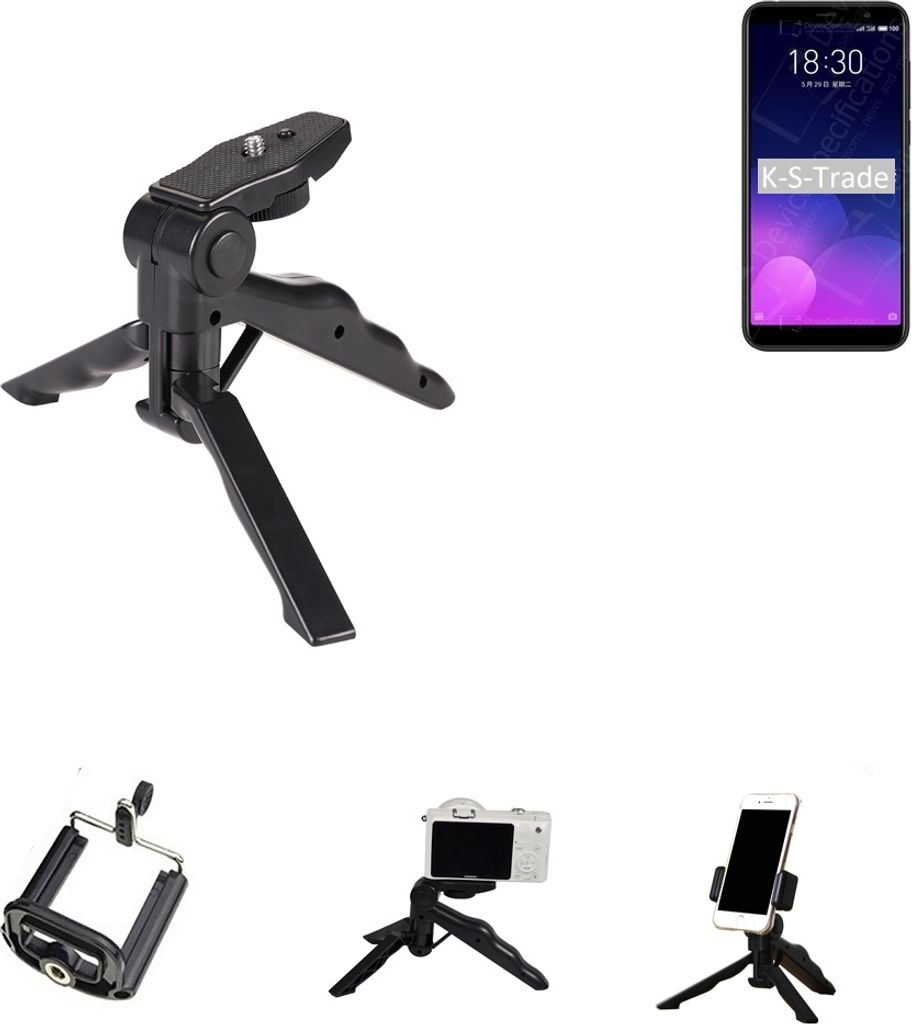 K-S-Trade Stativ Tisch-Ständer Dreibein Handy-Stativ Ständer kompatibel mit Meizu M6T Mini-Stativ Smartphone Tripod Handy-Stativ aus Plastik schwarz