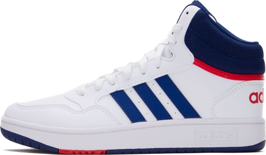 A side view of a white Adidas Hoops Mid 3.0 K sneaker with blue stripes and red accents.