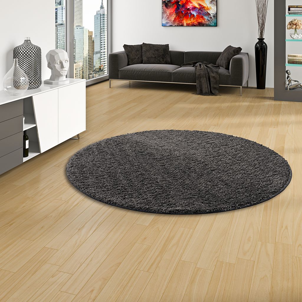 Luxus Hochflor Langflor Teppich Milano Anthrazit Rund, Größe:100 cm Rund