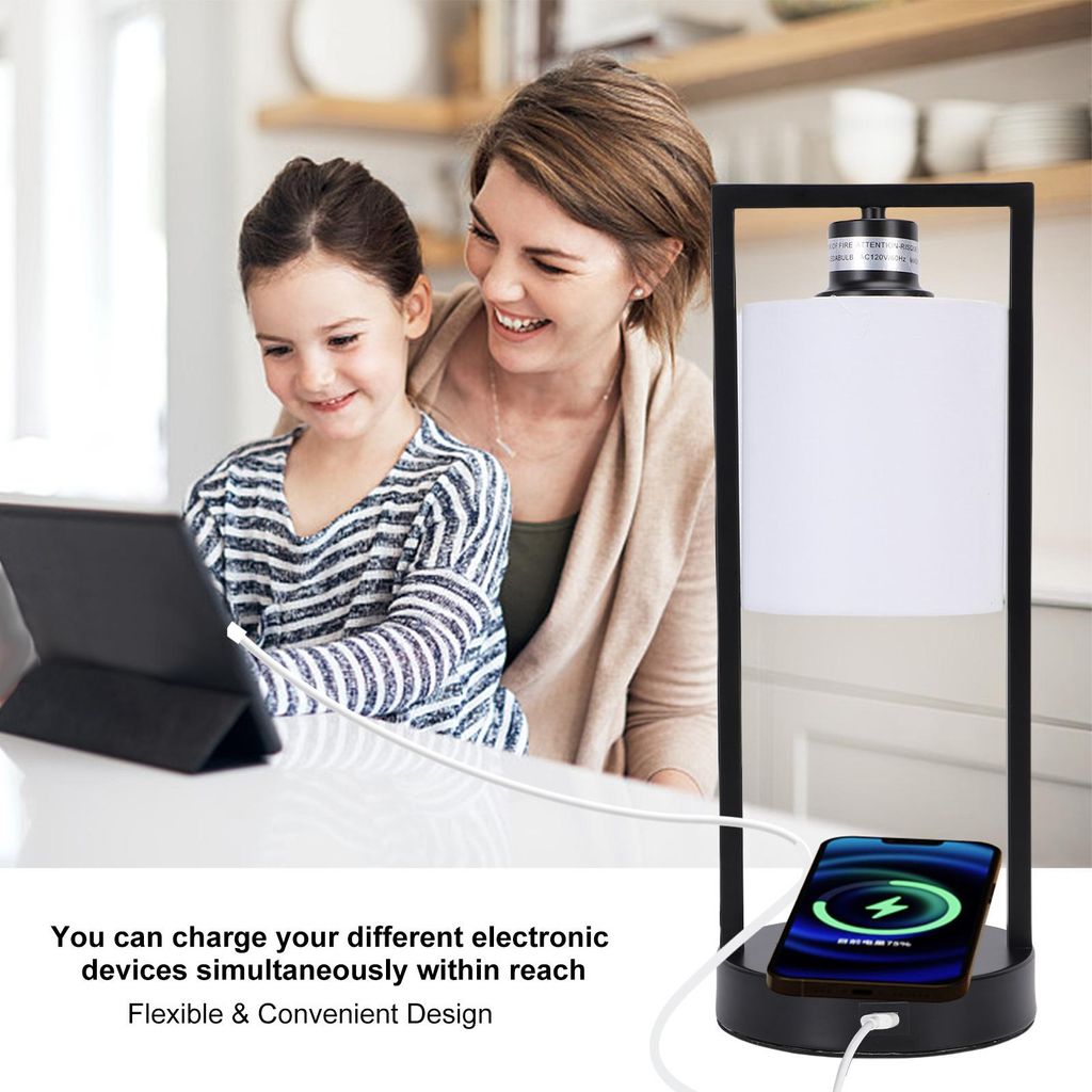 Nachttischlampe mit Touch-Bedienung, kabelloser Smartphone-Ladefunktion, 3 einstellbaren Helligkeitsstufen, USB-Anschluss und Stoffschirm – Vinta...