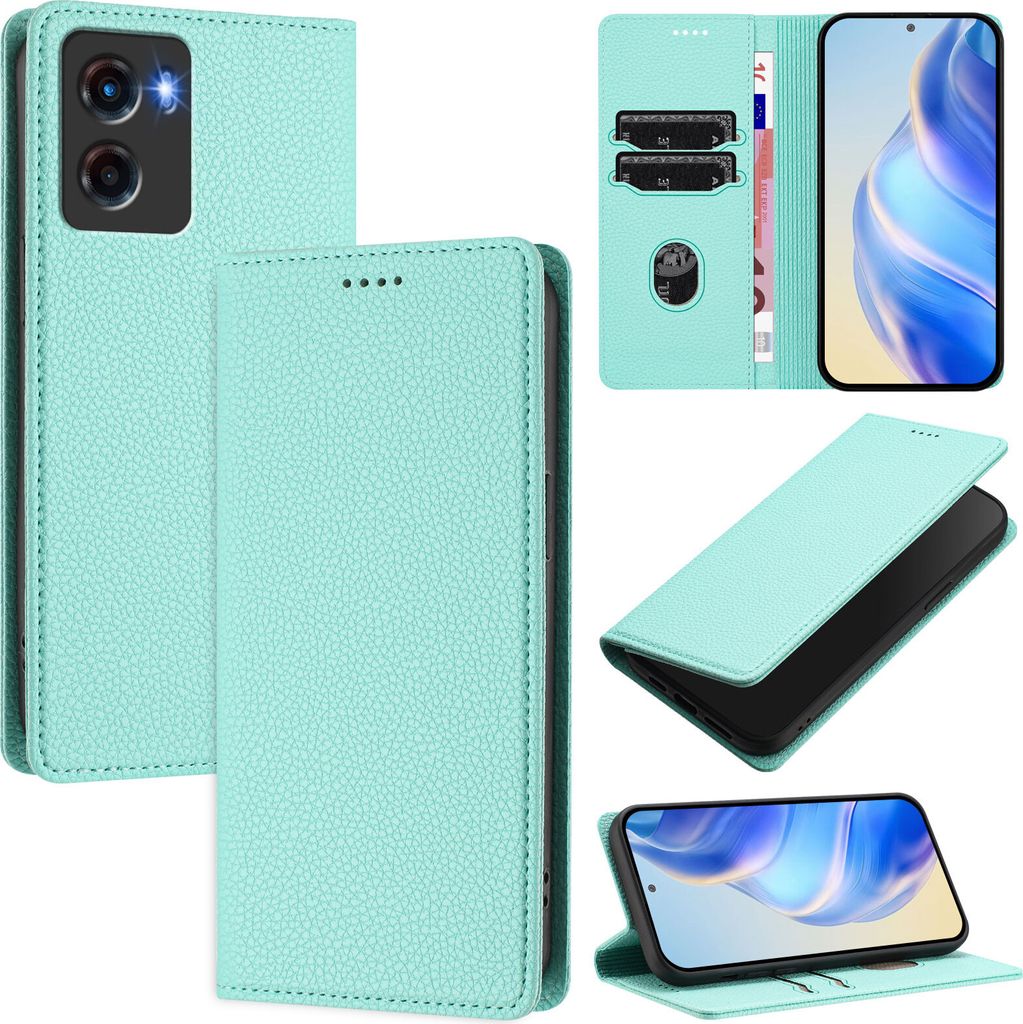 Litchi Leder Handyhülle für Motorola Moto G05/E15 Wallet Kartenfächer Standfunktion Hülle Türkis
