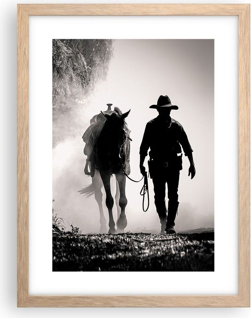 Gerahmtes Poster - Rahmen in heller Eiche - Cowboy Pferd Shady - 30x40 cm - Wand Bild - Wanddeko - Wandbilder - Kunstposter - Wandposter - Bilderra...