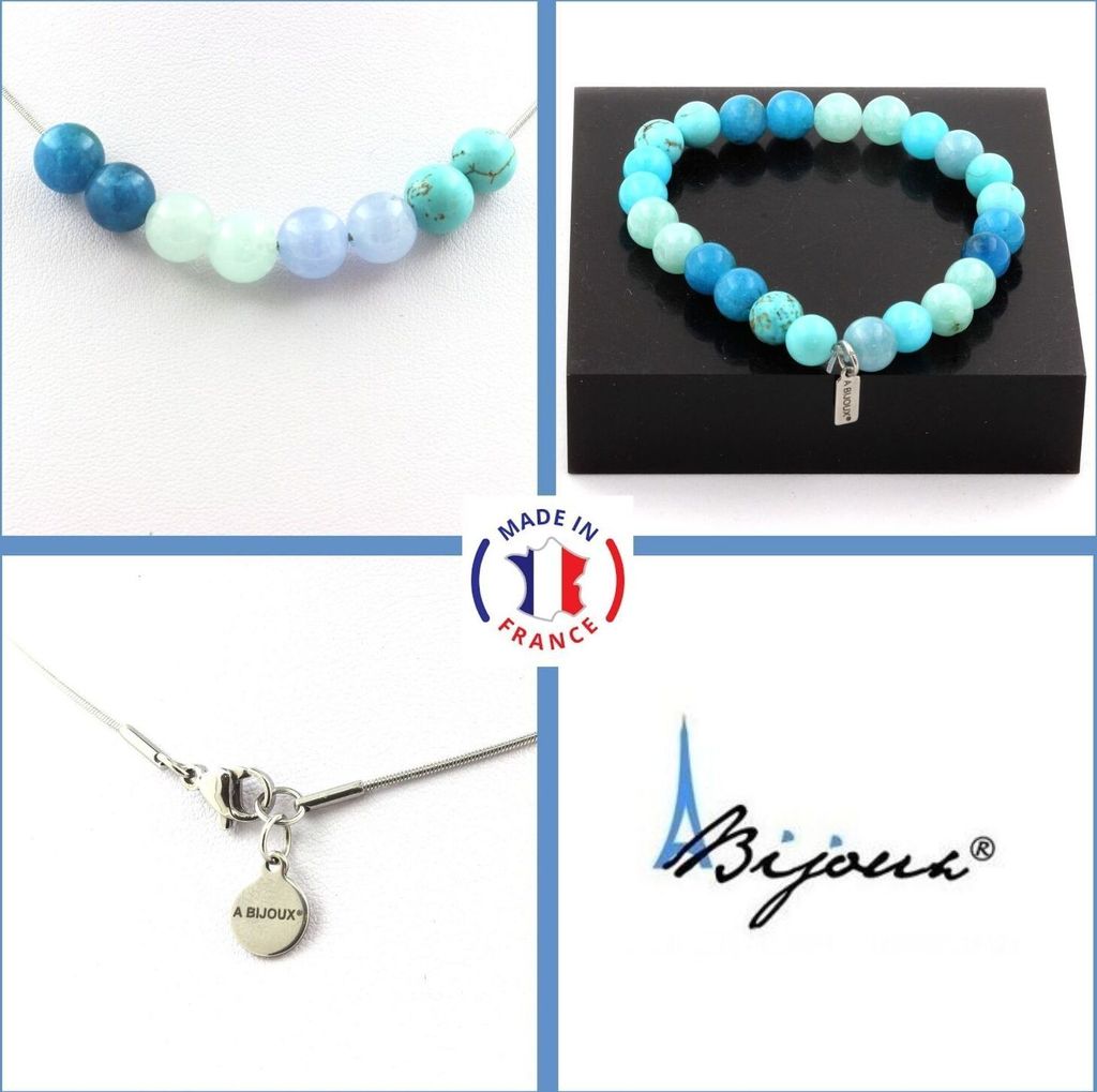 Schmuckset Armband Halskette Perlen Angelit + Aquamarin + Türkis + Apatit 8 mm Edelstahlkette