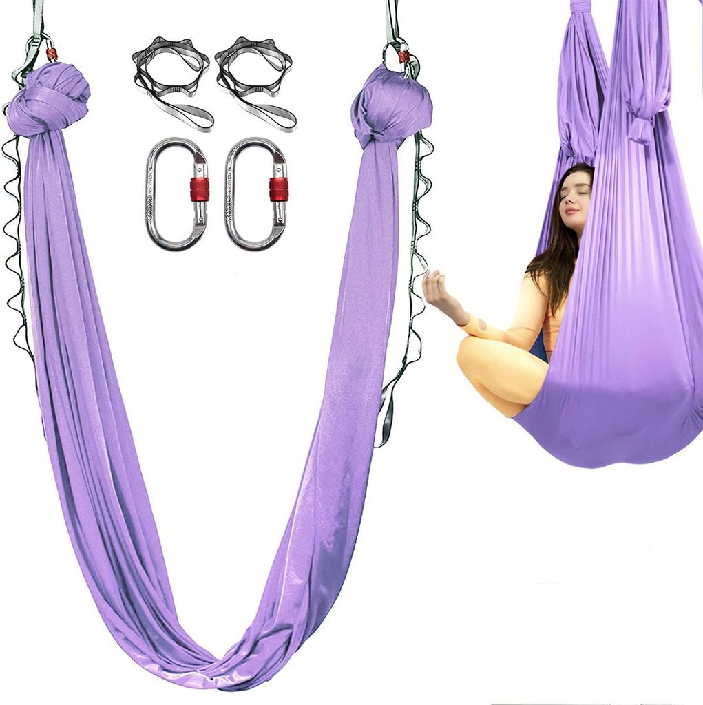 Aerial Yoga Hängematte 5 m Länge × 2,8 m Breite, Nylon 40D Yoga-Lufthängematte, Antirutsch, Rückfedernd, Profi Zubehör-Set, Flieder
