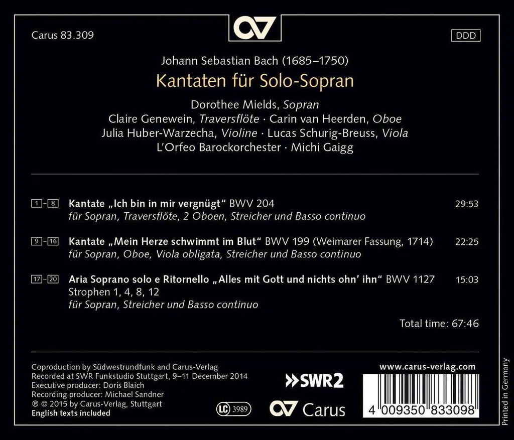Album CD Cantates de Bach pour Soprano - Répertoire Baroque BWV 204 199