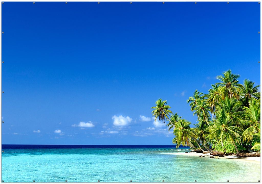 Wallario XXL Outdoor-Poster für Garten oder Balkon, Motiv Blauer Himmel weißer Strand Palmen und das tiefblaue Meer, in ca. 400 x 280 cm