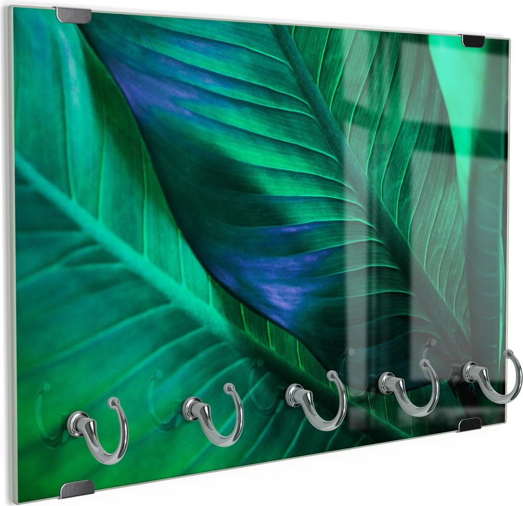 DEQORI Schlüsselbrett Glas 30x20 cm 'Tropenblattstruktur' Schlüssel Halter Board Haken