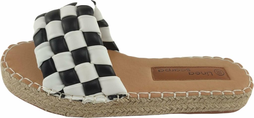 Scarpa Espadrilles Pantoletten für Damen, Schwarz-weiß kariert, offenes Schlupf-Design