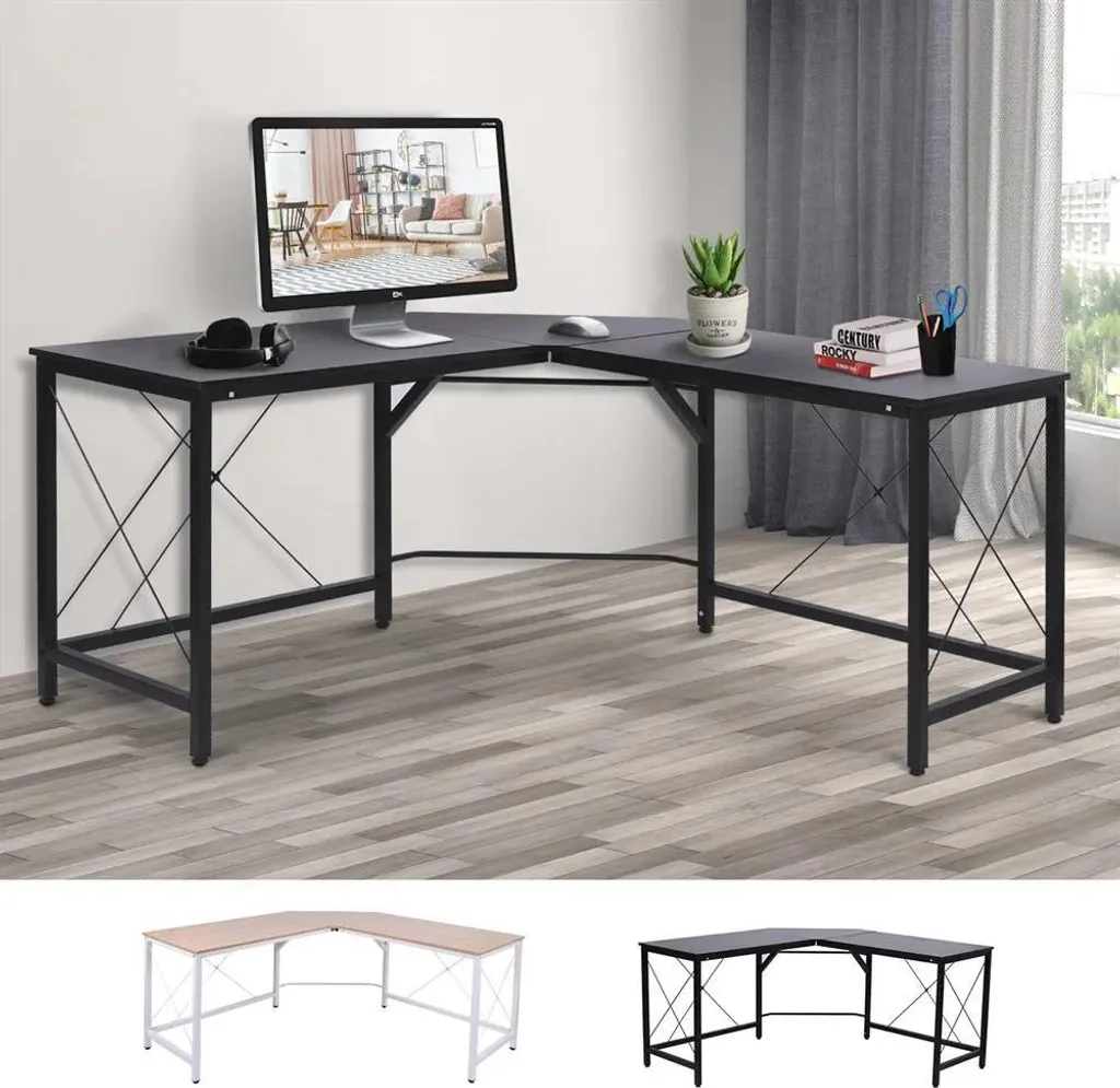 Bureau en L Noir Structure Métal 70kg de Charge - Large Surface 150 cm