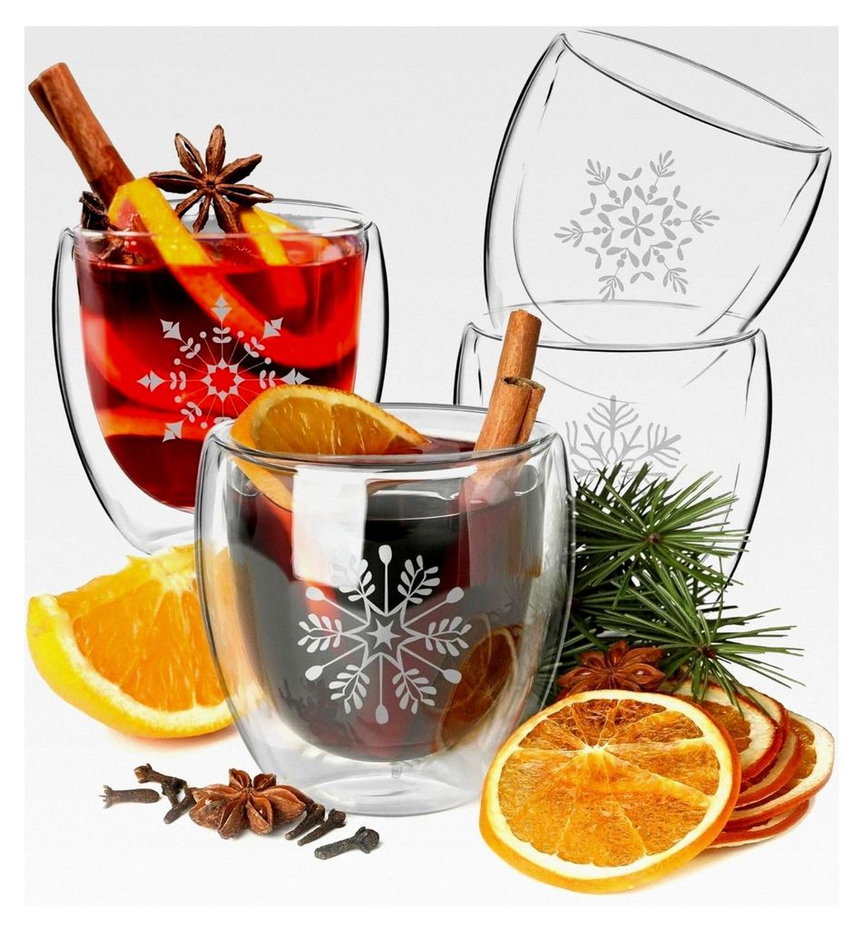 Gläser für Glühwein 220ml - Set aus 4 Schneeflocken Weihnachtsgläsern - Festliches Borosilikat-Doppelwandig - Isoliert für heiße Getränke