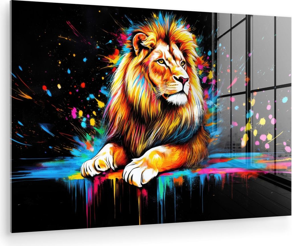 MuchoWow Glasbilder - Bilder auf Wandbild - Foto auf Glas Löwe - Bunt - Spritzer 30x20 cm Wanddekoration aus Glas - Acrylglasbild - Acrylbilder - ...