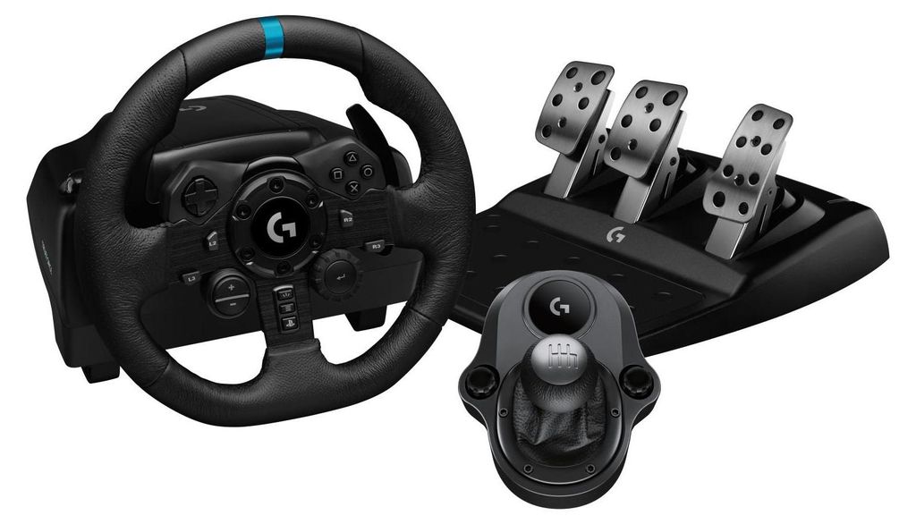 A racing wheel, pedals, and shifter are displayed on a white background.
