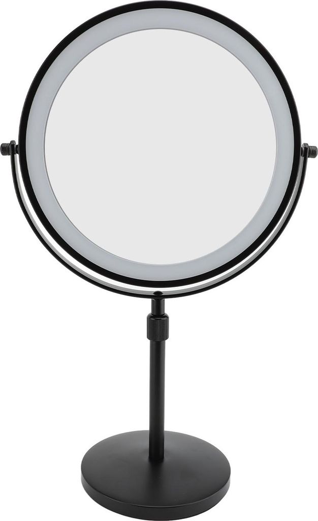 A black, illuminated makeup mirror with a round reflective surface and a stand.