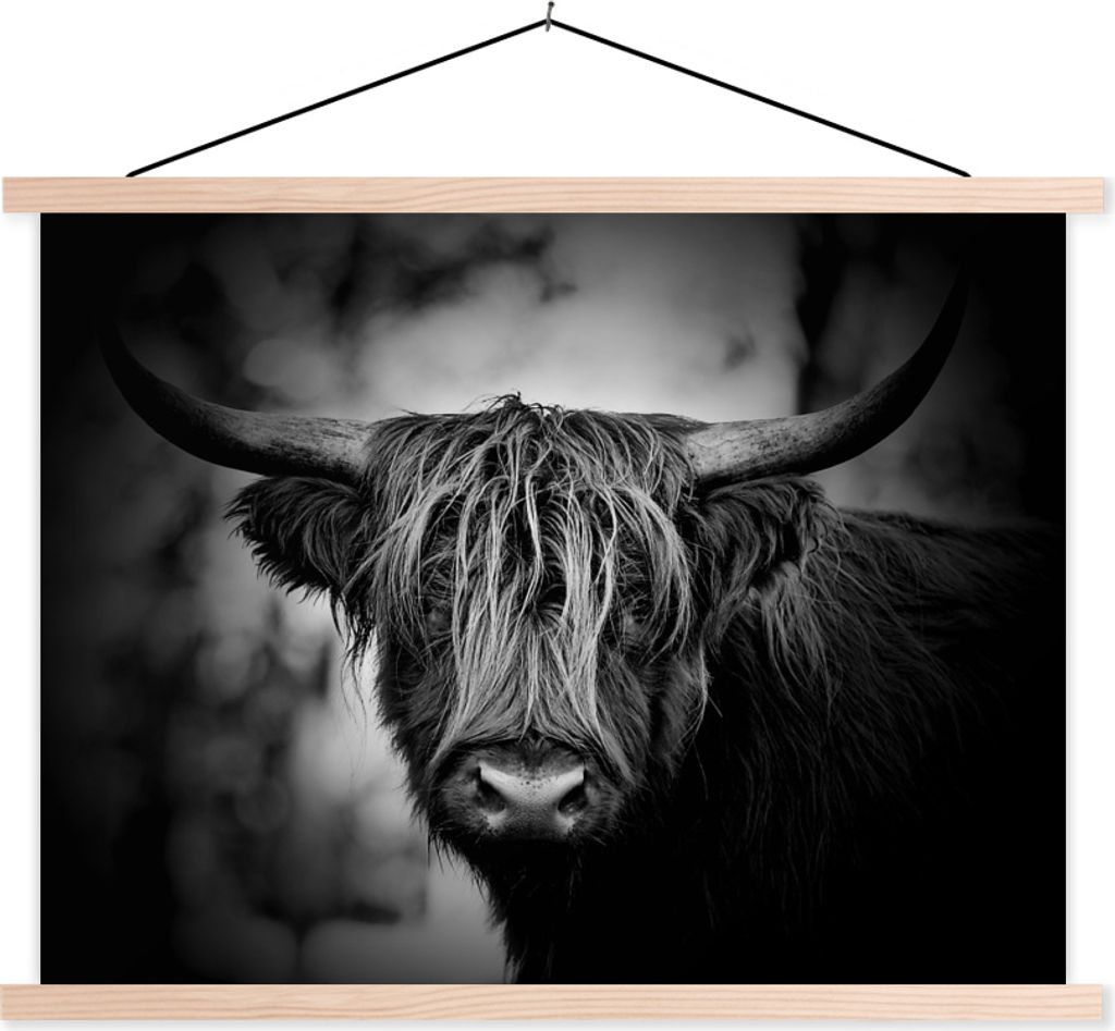 MuchoWow Textilposter Schottisches Hochlandrind - Licht - Porträt - Natur 120x90 cm mit holzfarbenen Rahmen - Magnetisch
