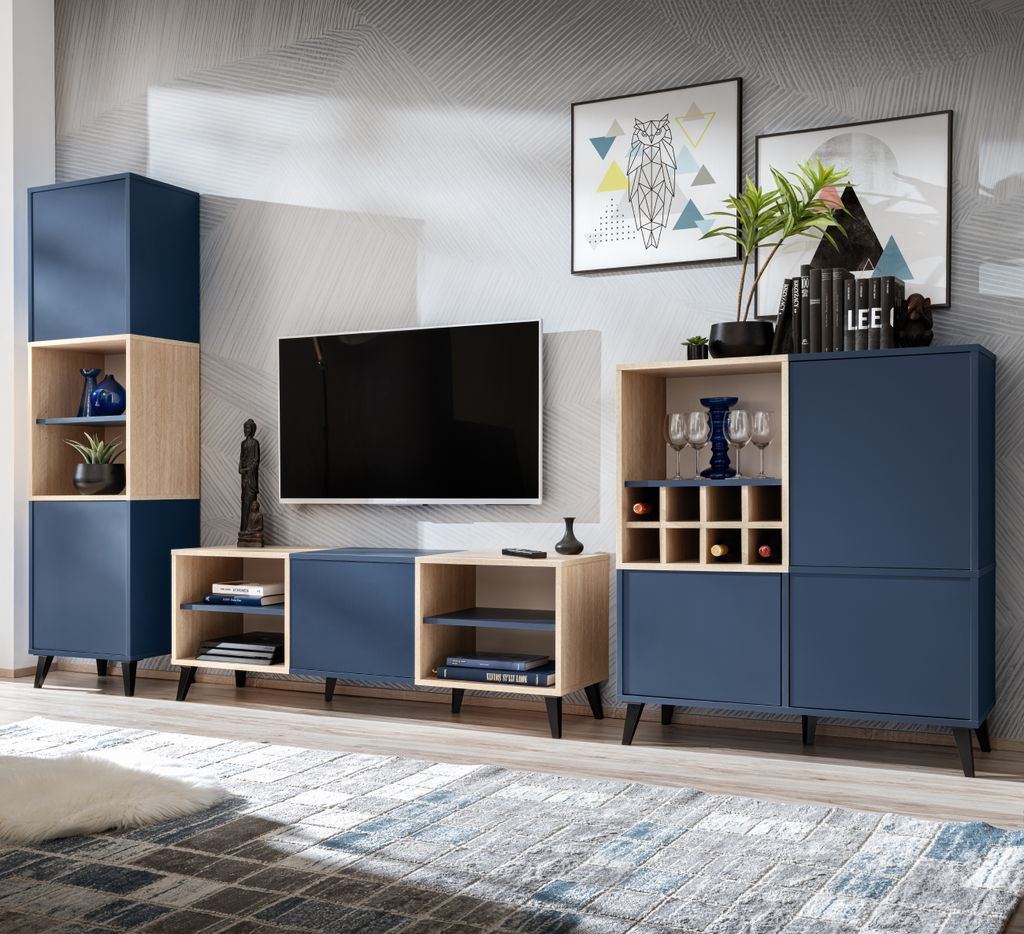 komodee Fondi Möbelset, 3 RTV-Schränke mit Weinhalter, skandinavisch, für Wohnzimmer, Küche, Esszimmer, Büro, blau, helles Holz, 173x35x271,4 cm