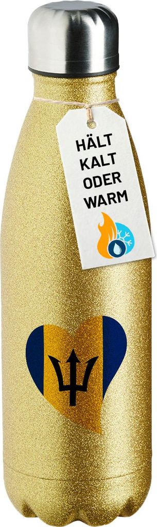 Huuraa Trinkflasche Barbados Flagge Herz 500ml Gold Edelstahl Wasserflasche Trinkflasche Geschenkidee