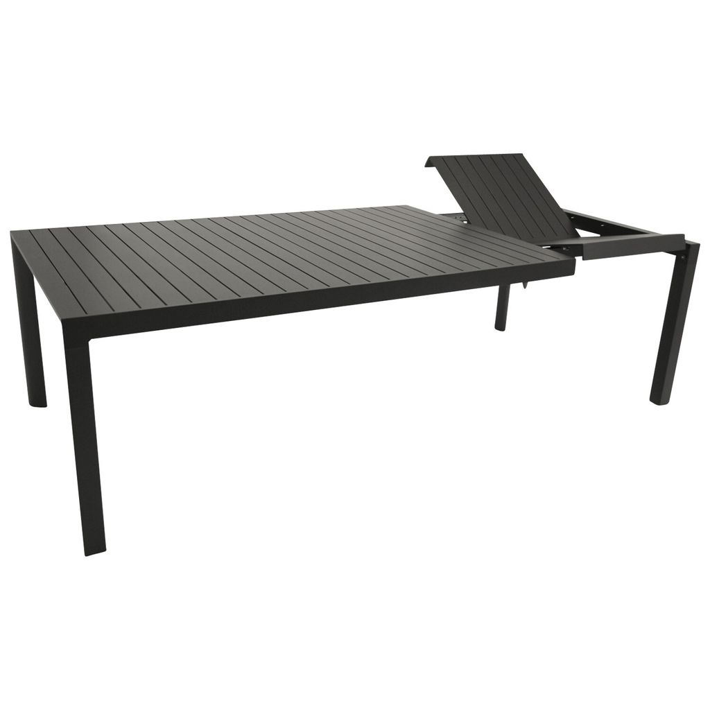A dark gray outdoor dining table with an extension mechanism is shown against a white background.