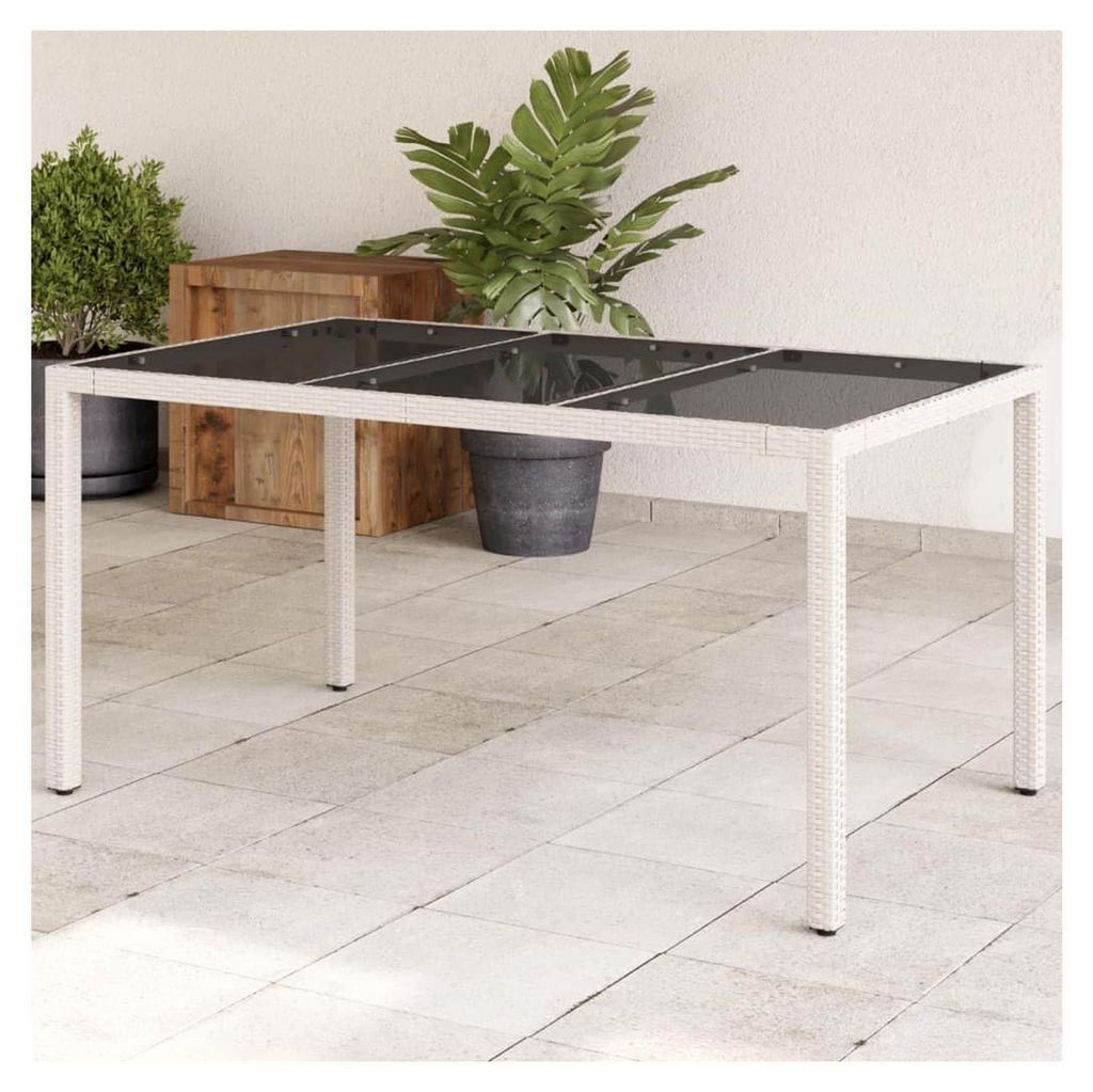 Gartentisch mit Glasplatte aus Poly Rattan, Weiß, 150x90x75 cm