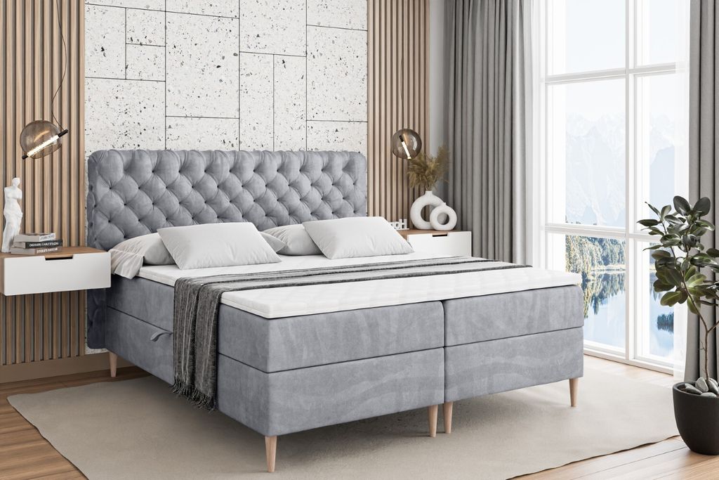 ALTDECOR Boxspringbett mit Holz Füßen, Matratze und Lattenrost, Boxbett, Topper, Polsterbett mit Bettkasten, Bett mit Stauraum H4-Matratze, Doppe...