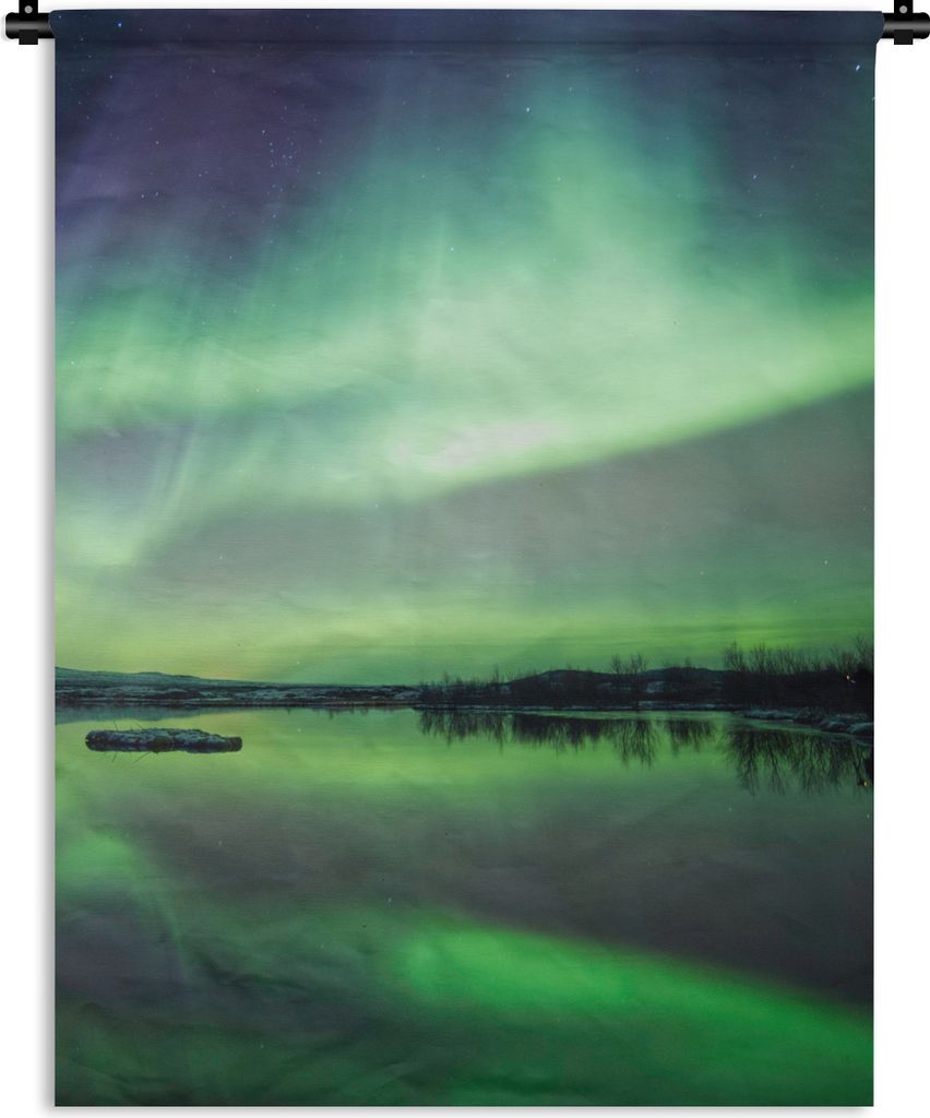 MuchoWow Wandteppich Wandbehang Nordlicht - See - Island - Grün - Wald - Schnee 150x200 cm Tapisserie Dekoration Wandtuch - Wandaufhängung - Mo...
