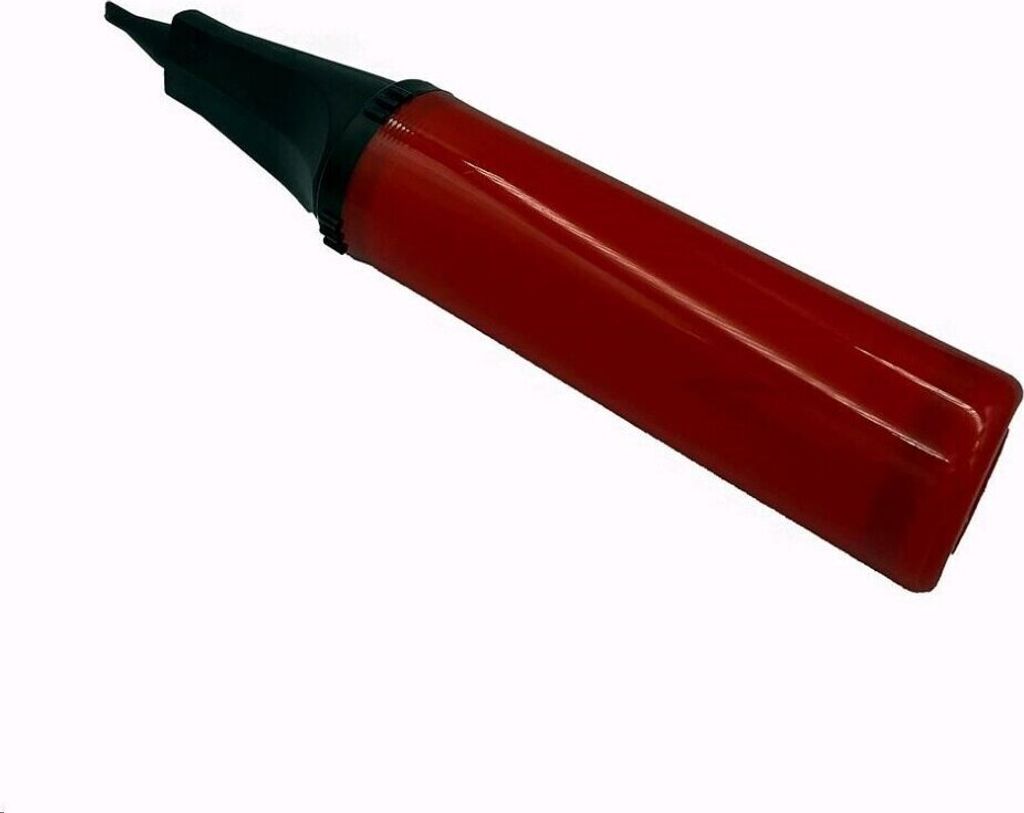 A red and black balloon pump is shown against a white background.
