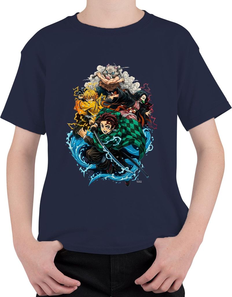 Demon Slayer Kimetsu no Yaiba Tanjiro Nezuko Zenitsu Fan Geschenk Uni Kinder T-Shirt, Navy, 116