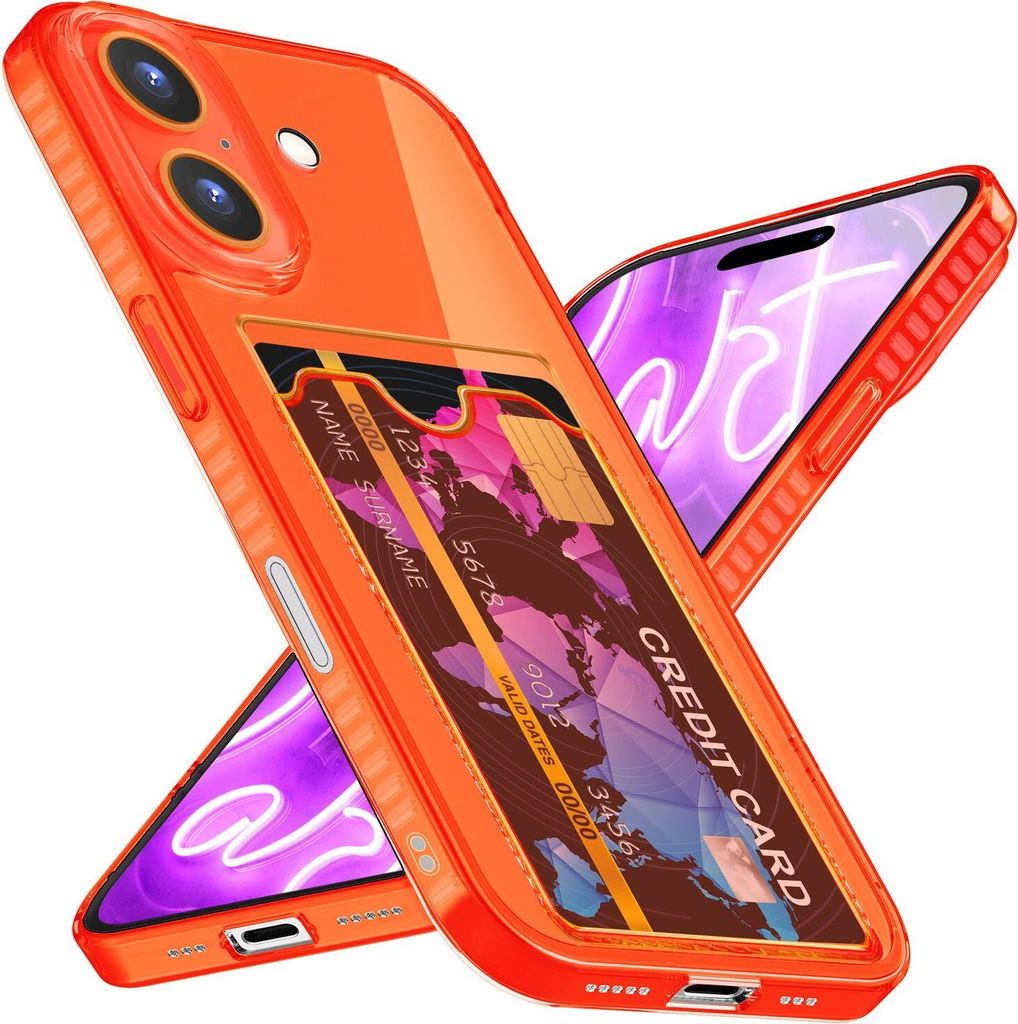 NALIA Neon Silikonhülle für iPhone 16 – Kartenfach & Knallige Signal-Farbe – CARDPOP (Anti-Shock Handyhülle) – Marke aus Berlin – Orange