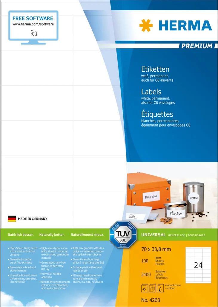 Etichette Premium A4 Carta Opaca 70x33,8 mm 2400 pz Adesivo Forte