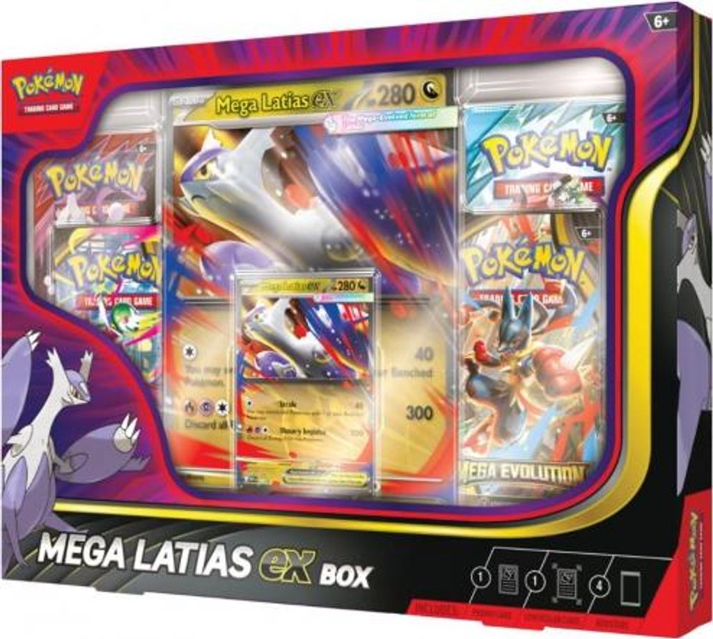 A Pokémon TCG Mega Latias EX Box with trading cards and booster packs visible.